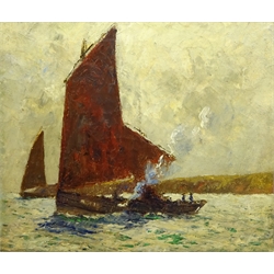  Nelson Ethelred Dawson (British 1860-1941): Herring Drifter in the South Bay Scarborough using a Steam Winch to haul the Sail, oil on canvas unsigned 50cm x 60cm Provenance: with Pauline Norton Galleries Bridgnorth, label verso  