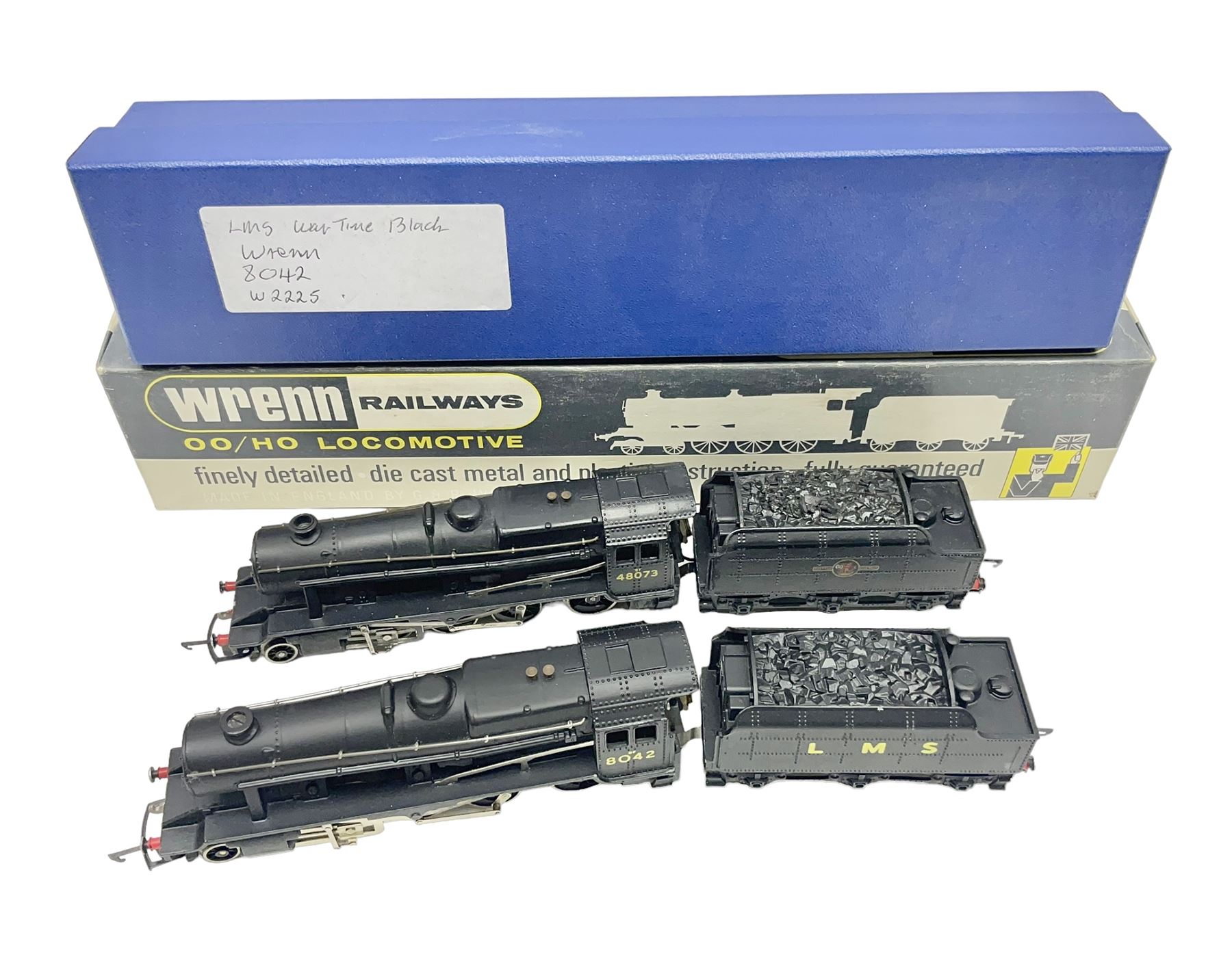 Wrenn '00' gauge - two Class 8F 2-8-0 locomotives - No.48073 in BR Plain Black; boxed; and No.8042 in LMS Plain Black; with unassociated plain blue box (2)