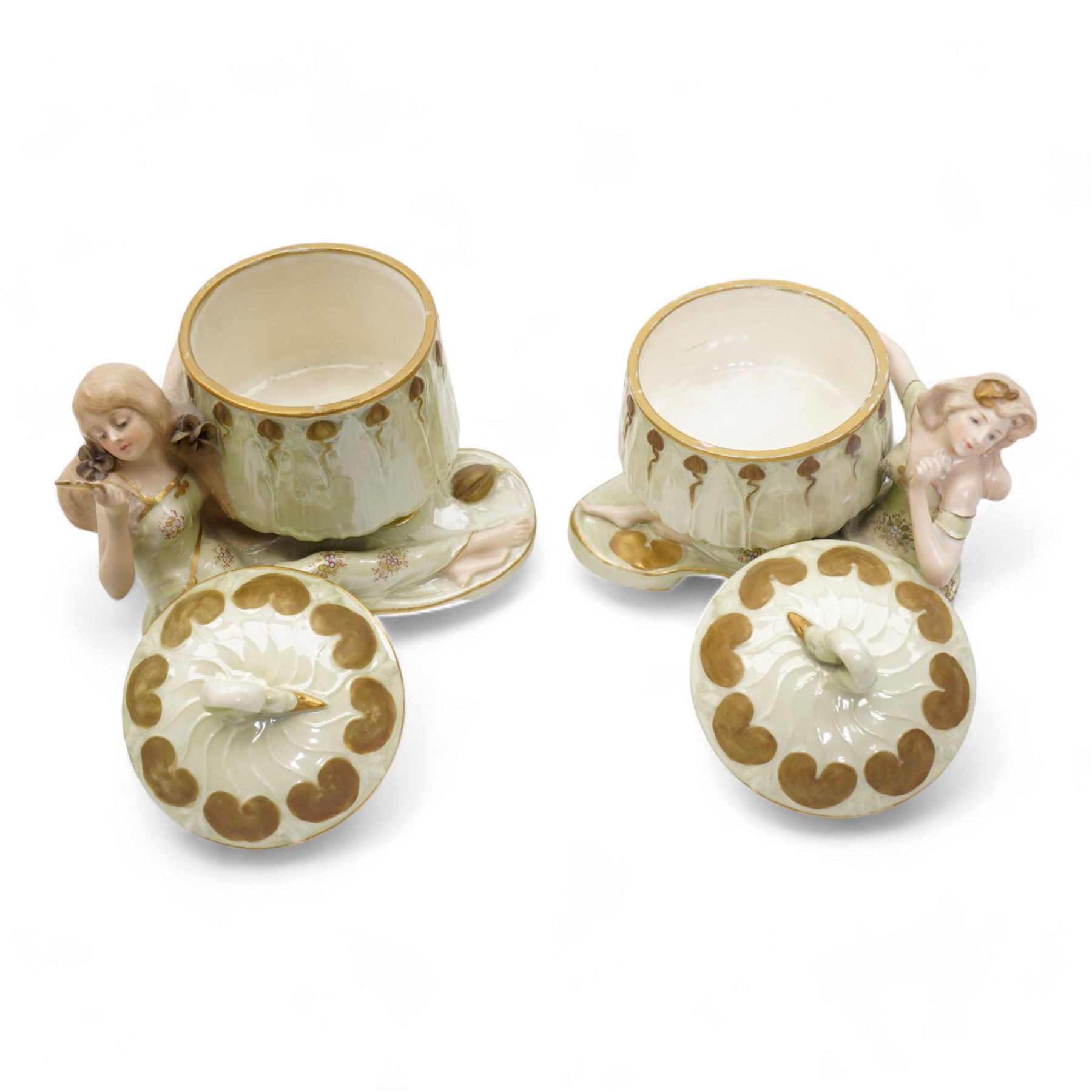 Ernst Wahliss for Turn Wien Austrian Art Nouveau dressing table set, comprising tray, pair of trinket boxes, ring tree and a pair of candle sticks, decorated with maidens and stylised flowers, tray unmarked, tray 42.5cm x 24cm