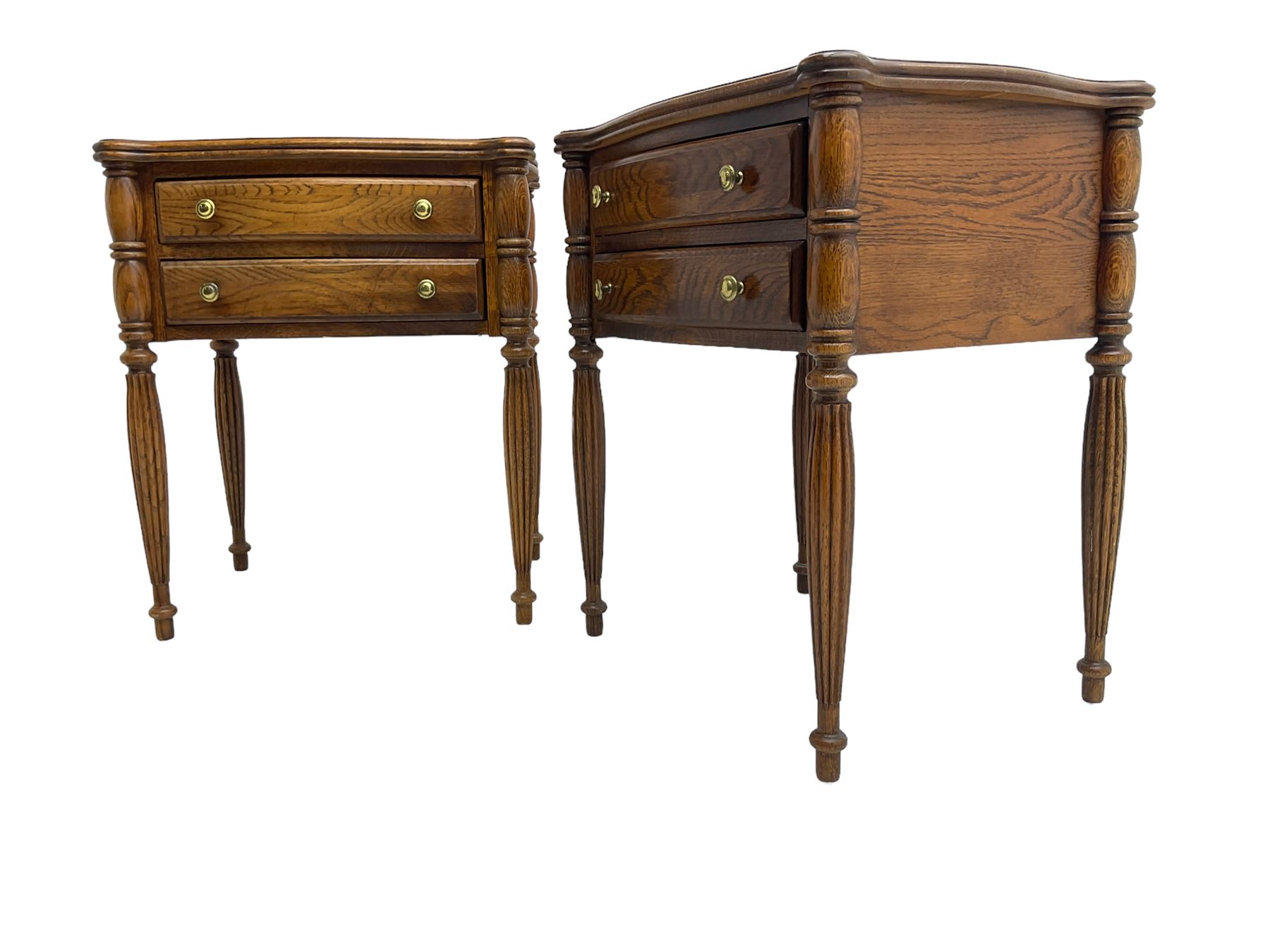 Lexington Furniture - pair of oak bedside lamp tables, shaped moulded top over two drawers, on turned and reed moulded supports