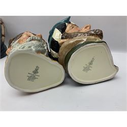 Large collection of Royal Doulton character jugs, to include Robinson Crusoe D6532, Tam O Shanter D6632, The Falconer D6533 etc, together with similar charater jugs and toby jugs   