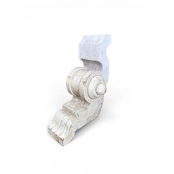 Pair of 19th century stripped pine columns  with carved capitols; an a pair of painted scroll architectural capitols (4)