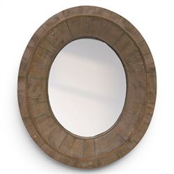 Rusticated driftwood wall mirror, of oval form, the mirror plate within a panelled driftwood frame, overall H83cm W70cm