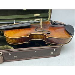 German viola c1900 with 39cm two-piece maple back and ribs and spruce top, bears label 'Antonius Stradivarius Cremonensis Faciebat Anno 1759' L65cm overall; in fitted carrying case