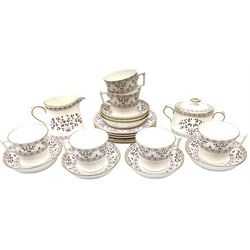 Royal Crown Derby Brittany pattern tea wares, comprising six teacups, seven saucers, six side plates, twin handled sucrier, and cream/milk jug. 
