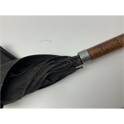 Early 20th century curved horn handle walking stick with hallmarked silver mounts, engraved L Russell 1918, together with a shooting stick by William Mills Birmingham, with leather handle, 'The Featherwaite' shooting stick and an umbrella with wooden handle