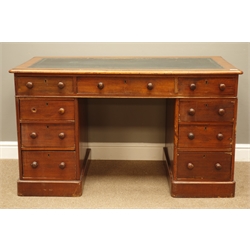  Victorian mahogany twin pedestal desk, moulded rectangular top with inset writing surface, above nine drawers, plinth base, W122cm, H70cm, D64cm  