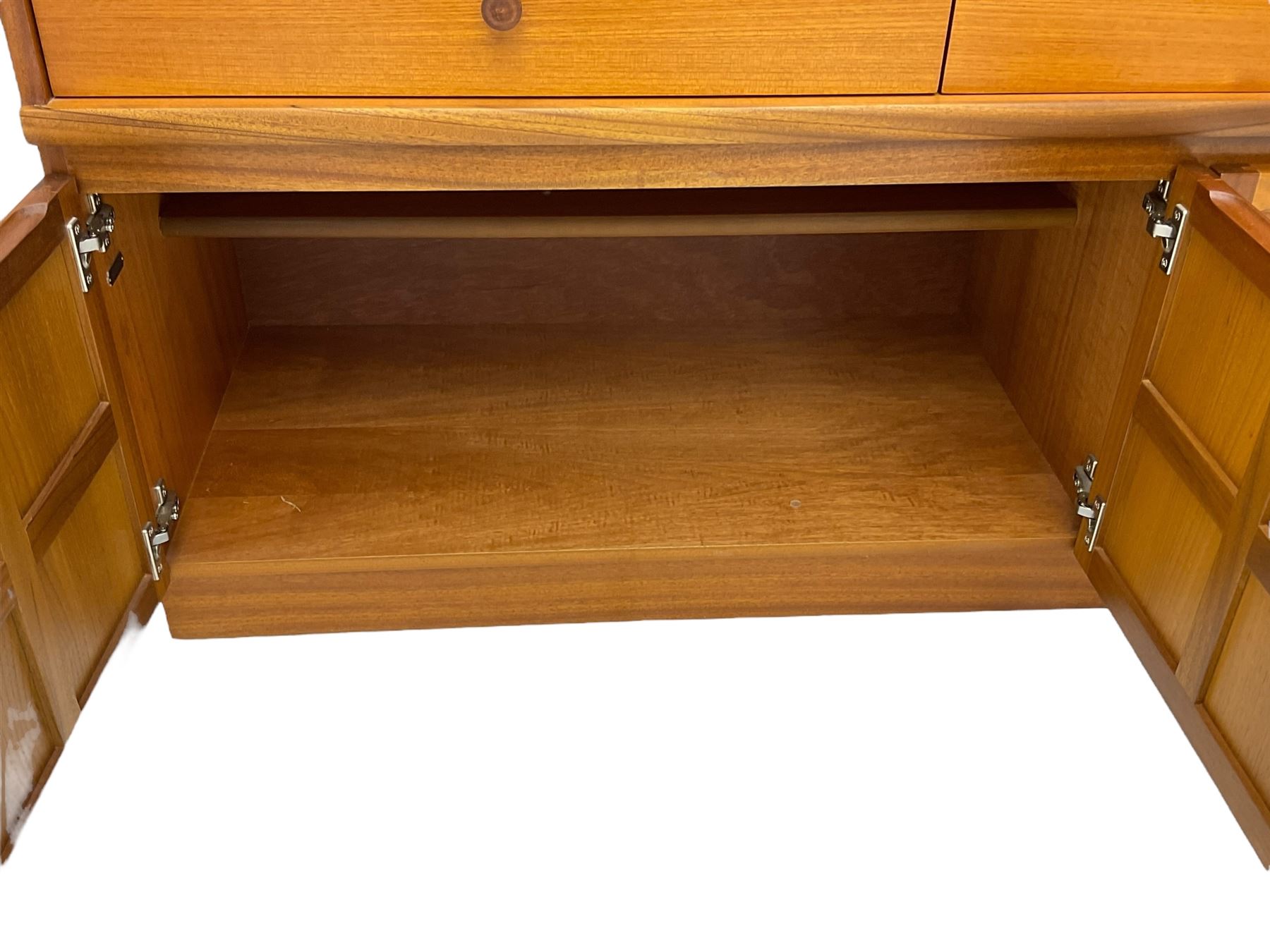 Nathan - teak wall display cabinet, enclosed by three glazed doors, fitted with four drawers and three cupboards 