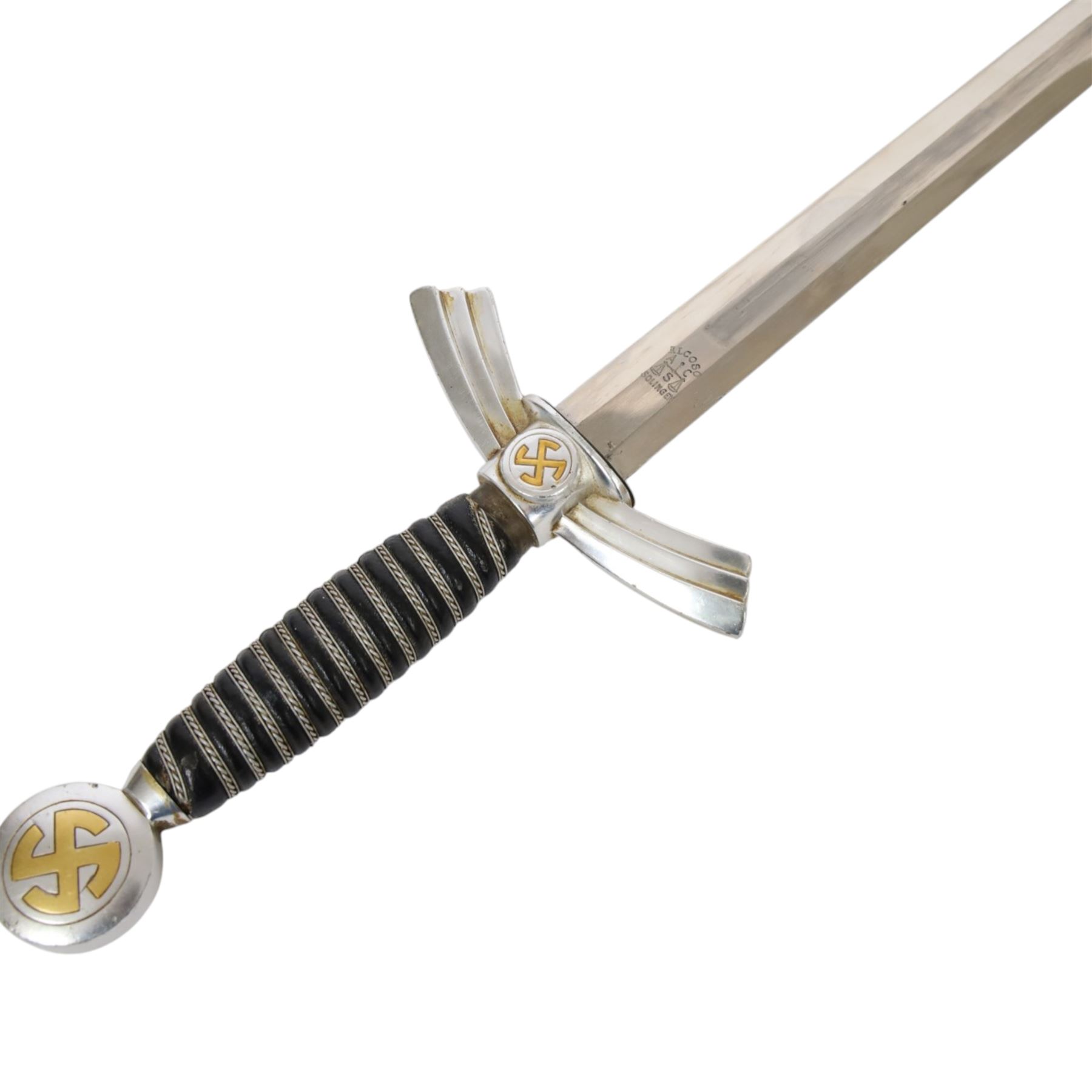 German Third Reich Luftwaffe Officers Dress Dagger by Alcoso Solingen, the 30cm double edged blade marked Alcoso Solingen, with plated down-swept quillons and pommel bearing swastika, wire-bound blue leather grip, the leather covered sheath with mounts and hanging chains, overall L50cm 