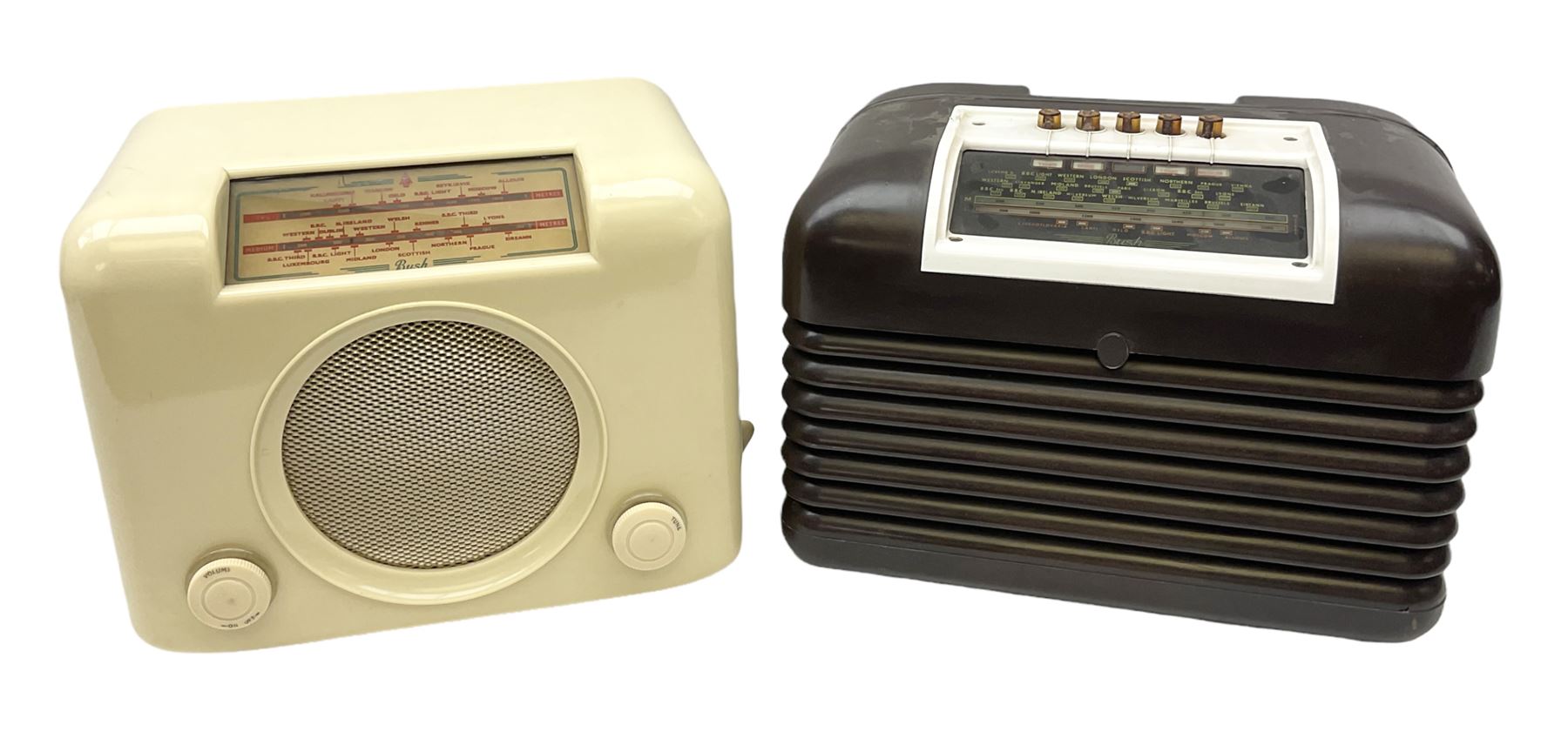 1950s Bush Type DAC 90A valve radio in cream Bakelite case, H23cm W29cm D19cm, together with Bush Type DAC 10 radio in brown Bakelite case