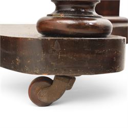Victorian mahogany marble topped demi lune console table, raised on a turned front support, with shaped undertier, raised on castors