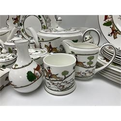 Wedgwood Hunting Scenes dinner and tea service for ten, to include dinner plates, side plates, dessert plates, cups and saucers, mugs, two large teapots, two milk jugs, etc, together with matching items by coalport and Staffordshire (94)