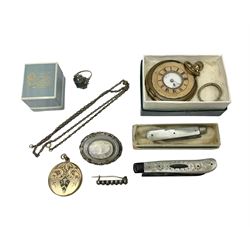 9ct gold stone set eternity ring, hairwork gilt and enamel brooch, gold plated Collingwood & Son half hunter pocket watch, other costume jewellery and two mother of pearl handled silver fruit knives, hallmarked 