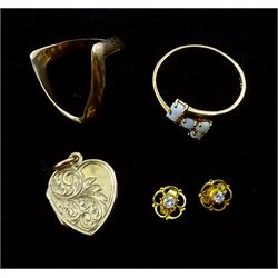 Pair of gold diamond stud earrings, gold five stone opal ring, gold ring and locket, all 9ct  stamped or hallmarked