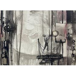 Charles Bone (British 1926-): 'Circus', watercolour sketch for a mural, titled on backboard, inscribed signed and dated 1950s on artist's Guildford address label verso 36cm x 49.5cm
Notes: Studied at Farnham College of Art and the Royal College of Art. Lecturer at Brighton University. Former Director of the Royal Institute Gallery in Piccadilly and Governor of the Mall Galleries. Appointed Vice President and then President of the Royal Institute of Painters in Watercolours