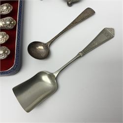 Victorian silver cut glass cruet set on stand, with diamond cut bodies, a set of six silver handled cake forks, cased, a Georgian silver mustard spoon and a silver plated shovel spoon, all hallmarked 