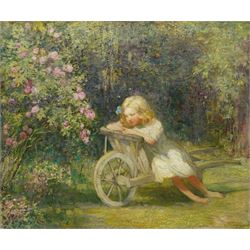 Alfred John Billinghurst: (British 1880-1963): 'Girl in a Barrow', oil on canvas unsigned, painted with a portrait of a girl reading painted verso 50cm x 60cm
Provenance: with 20th Century Gallery, London