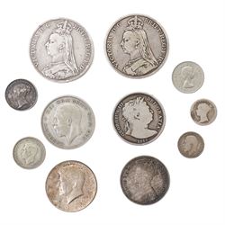 Two Queen Victoria silver one crown coins, 1889 and 1890, George III 1817 silver half crow...