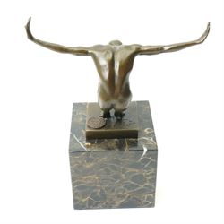 Bronze figure 'Power Of Silence', modelled as a male athlete crouched with arms outstretched, signed Milo, on black marble plinth, H15cm