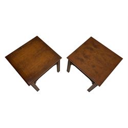 20th century pair of yew wood lamp tables, moulded square top with pierced corner brackets, on fluted straight supports 