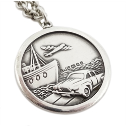 Georg Jensen silver pendant depicting boat, car and aeroplane, the reverse depicting St Christopher, London 1976, on silver chain stamped 925