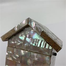 19th century French souvenir jewellery casket in the form of a bathing machine, having mother of pearl panelled tiled effect body, hinged roof/cover revealing a blue silk fitted interior with cushioned base, two silvered metal wheels, abalone shell door and mother of pearl steps, inscribed 'Berck Plage' in blue, H12cm, W13cm 