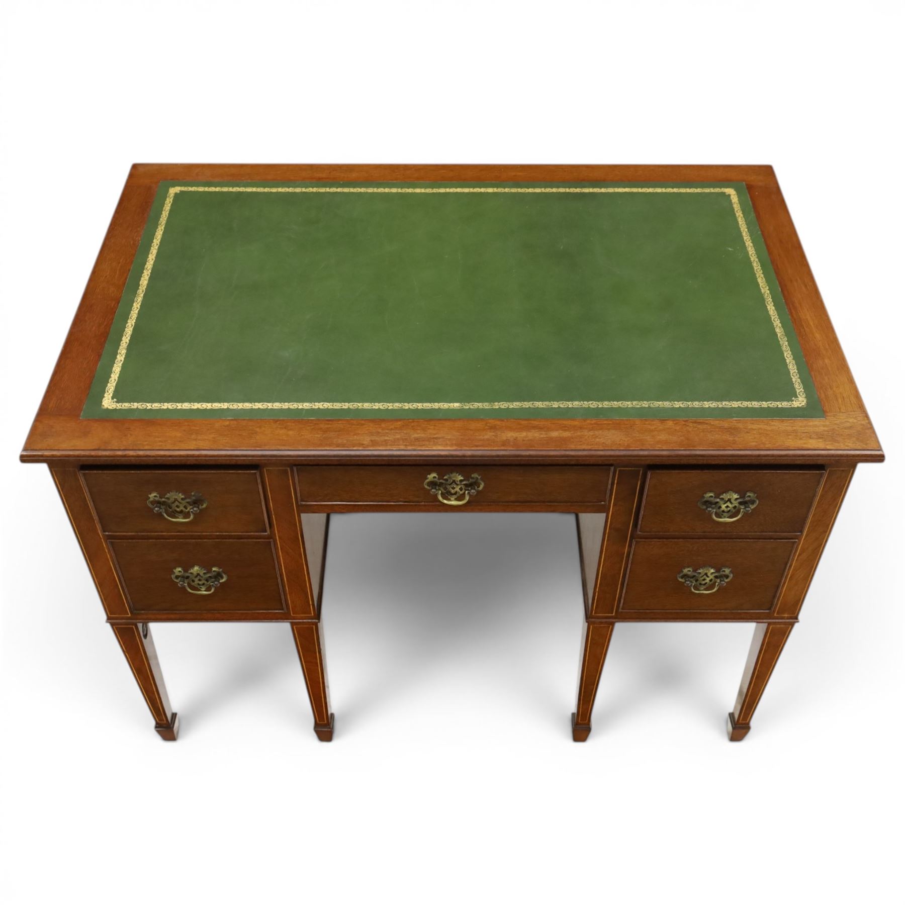 Acornman - Edwardian style mahogany kneehole desk, rectangular top with inset tooled green leather writing surface, central frieze drawer flanked by two further drawers either side, on square tapering inlaid supports terminating in spade feet, with signature carved acorn, by the workshop of Alan Grainger of Brandsby