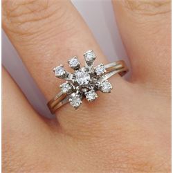 18ct white gold nine stone diamond square design ring, stamped 750
