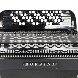 Borsini 5-row basso chromatic button accordion, with 77-black and white buttons, in black high gloss case, with carry strap and original hard carrycase