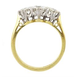 18ct gold three stone round brilliant cut diamond ring, stamped total diamond weight approx 0.95 carat 
