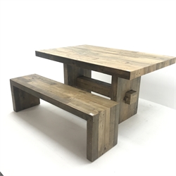 West Elm - reclaimed waxed pine dining table, square end supports joined by single stretcher (W158cm, H79cm, D99cm) and matching bench (W148cm, H47cm, D38cm)