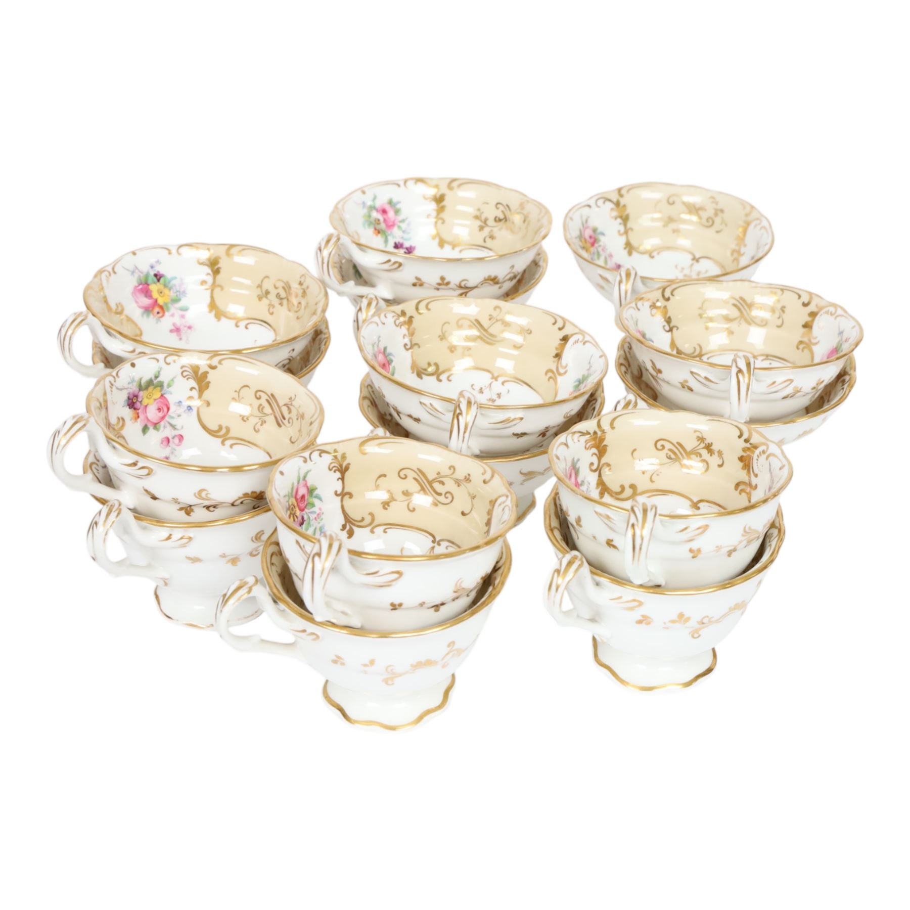 19th century Ridgway tea service, decorated in the 7548 pattern, comprising ten breakfast cups, eleven coffee cups, eleven saucers, tea pot, sucrier and cover, slop bowl, pair of cake plates and further example, a number with printed marks beneath, some with painted iron red pattern number beneath 