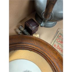 Burmese red lacquer circular box, pewter coffee pot, wooden book slide and circular photograph frames, thimbles including silver example, sampler and a small collection of vintage dolls house furniture
