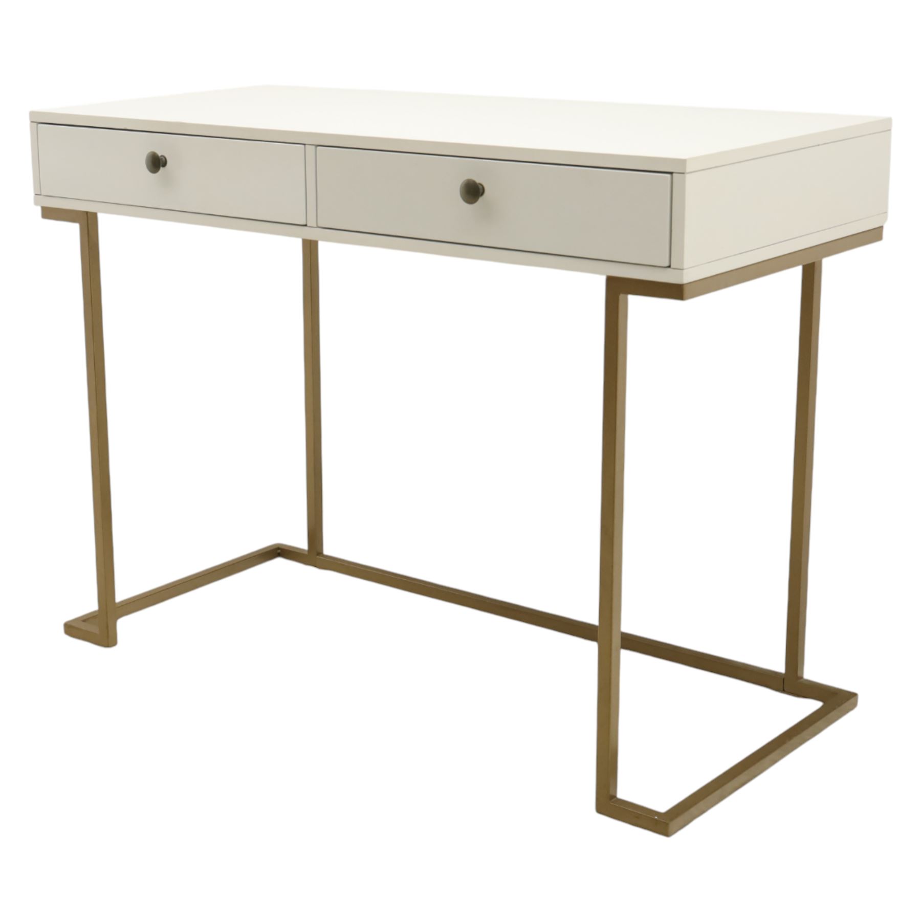 Modern white dressing table, rectangular top above two frieze drawers with bronze metal handles, upon square metal supports