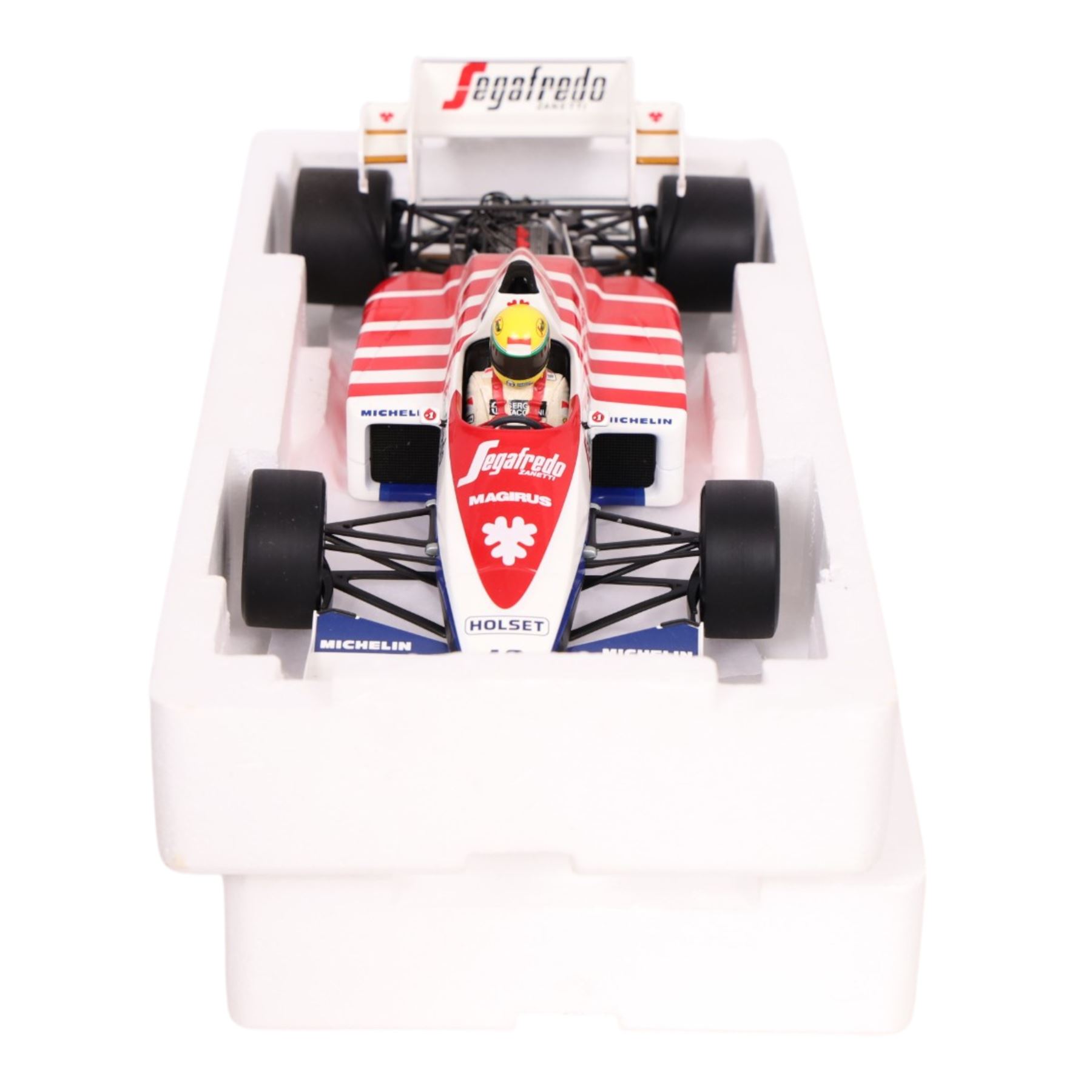 Minichamps 1:18 Ayrton Senna Racing Car Collection Toleman Hart TG184 1984 #19 car with Segafredo Zanetti decals, boxed