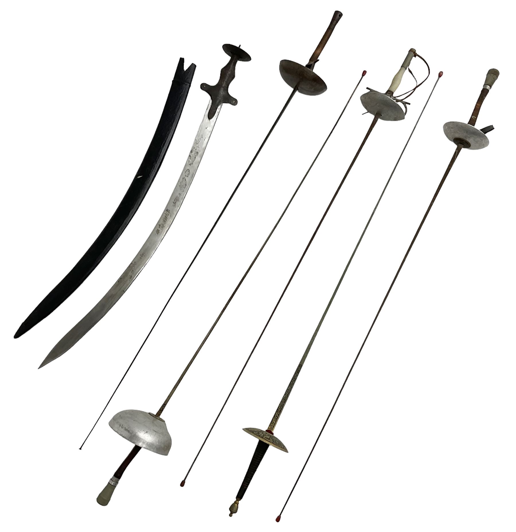 20th century Indian Tulwar sword with 71cm plain curving steel blade and iron hilt with extended langets, knopped grip and spiked pommel; in canvas covered wooden scabbard L87.5cm overall; together with five fencing swords comprising four foils and one epee, three marked Leon Paul, one in carrying case (6)