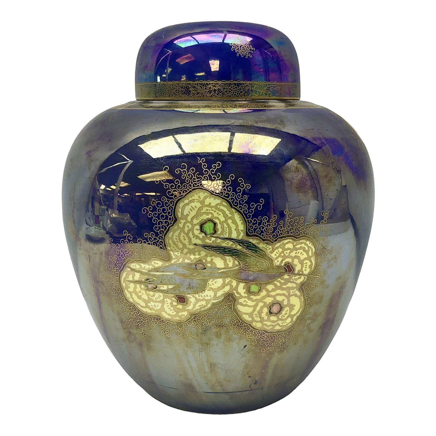 Carlton Ware lustre ginger jar and cover decorated with birds in flight on a blue ground, H32cm