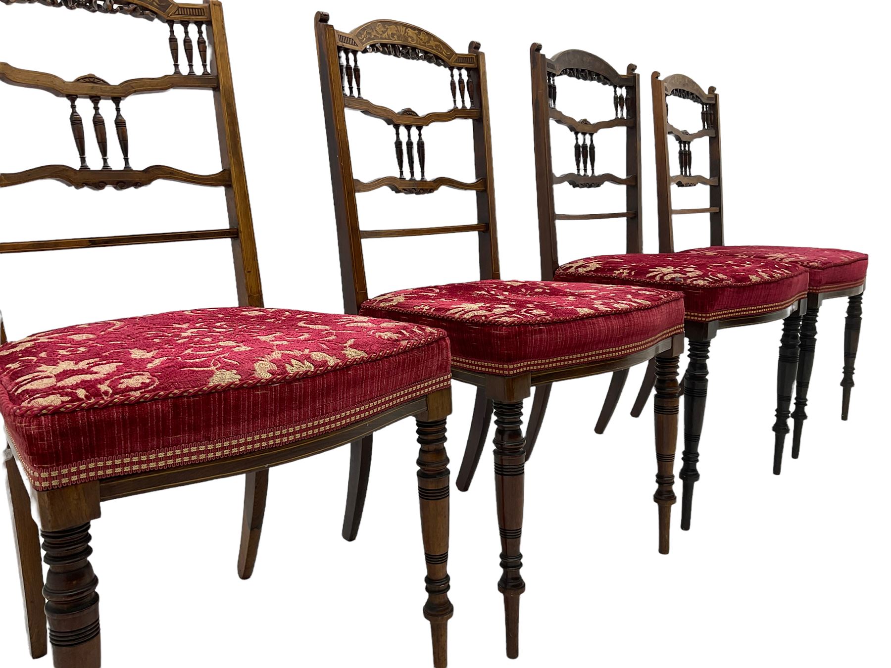 Edwardian inlaid rosewood salon suite, upholstered in red and gold fabric, comprising two seat sofa, pair of tub shaped armchairs, and four side chairs