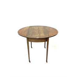 Edwardian mahogany inlaid and cross banded Pembroke table, square tapering supports raised on brass castors 