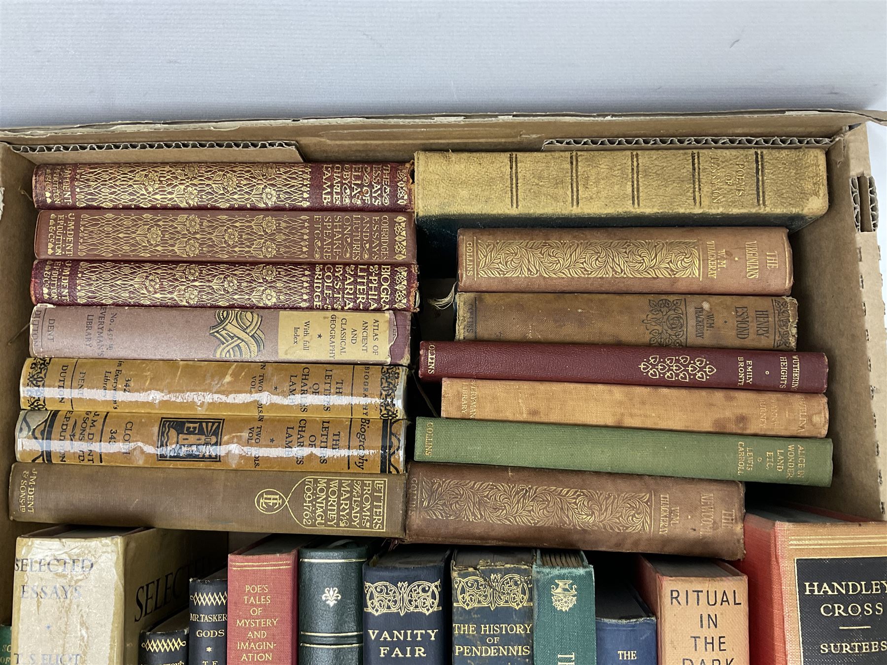 Quantity of early 20th century and later books to include leather and cloth bound examples, to include examples published by J.M Dent & Co, W.M Thackeray, Collins, Poems by Tennyson, etc, many with gilt detailing, in two boxes