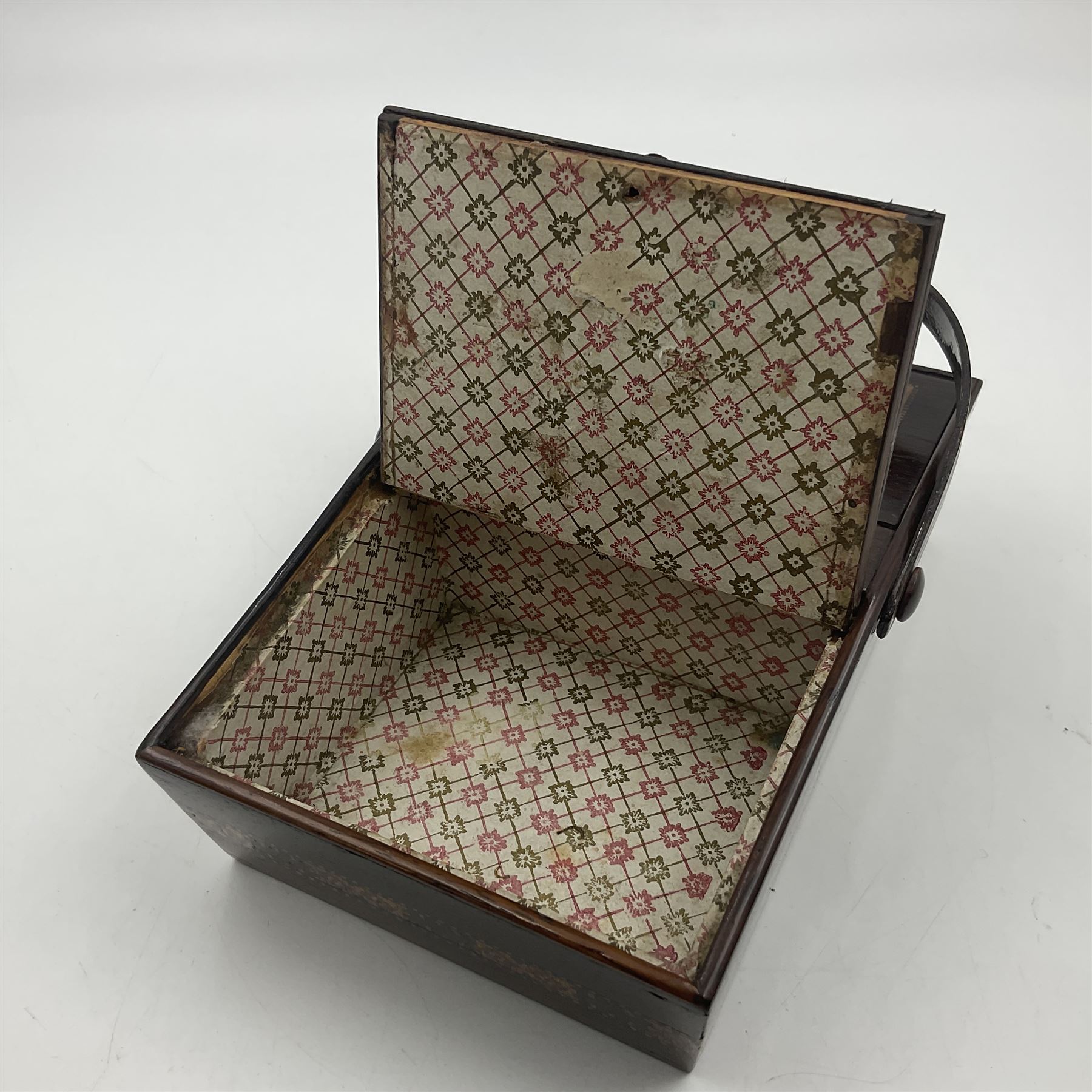 19th century rosewood Tunbridge Ware basket, of rectangular form with curved bentwood handle, and twin hinged sloping covers, lifting to reveal paper lined interiors, not including handle H5.5cm D10.5cm L18cm