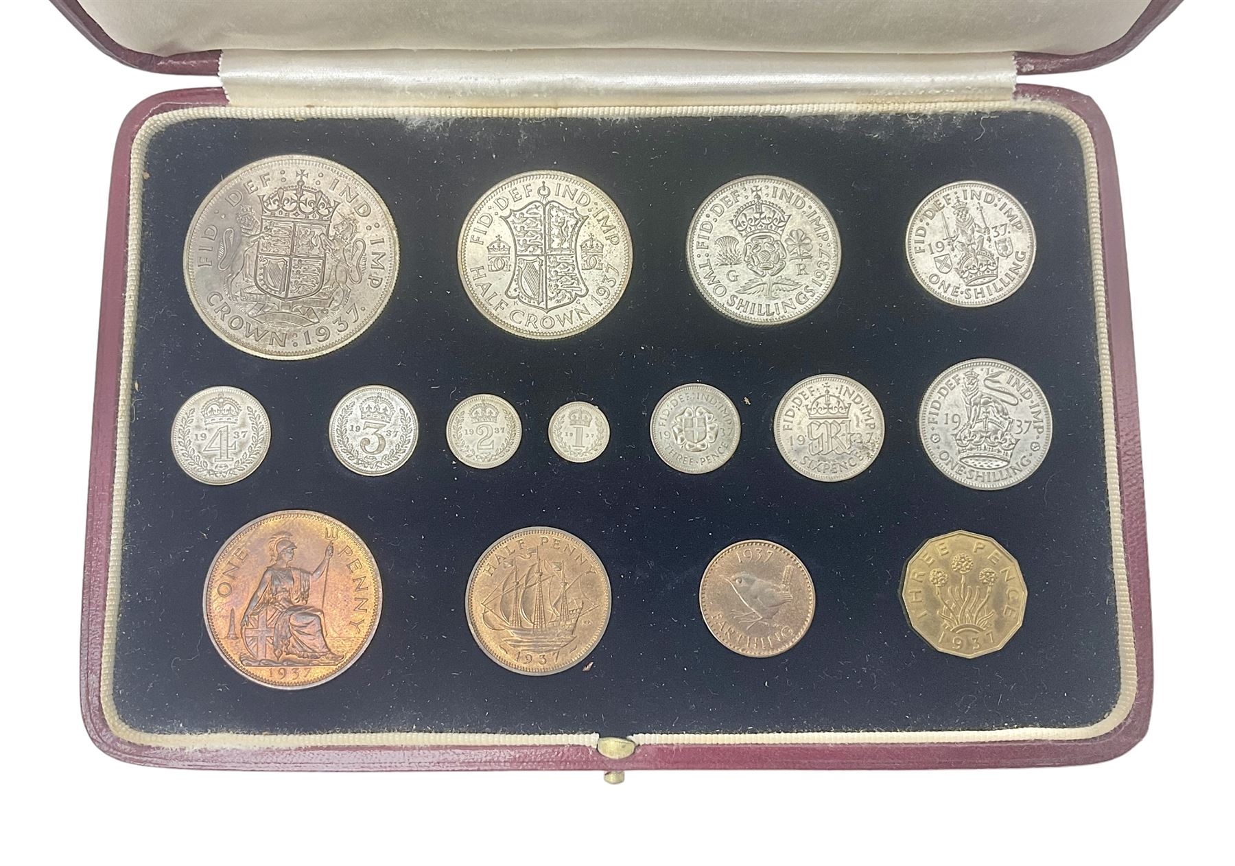 King George VI 1937 specimen coin set, farthing to crown including maundy coinage, in dated case