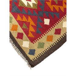 Maimana kilim, blue and red ground with orange and green highlights, overall geometric design, 