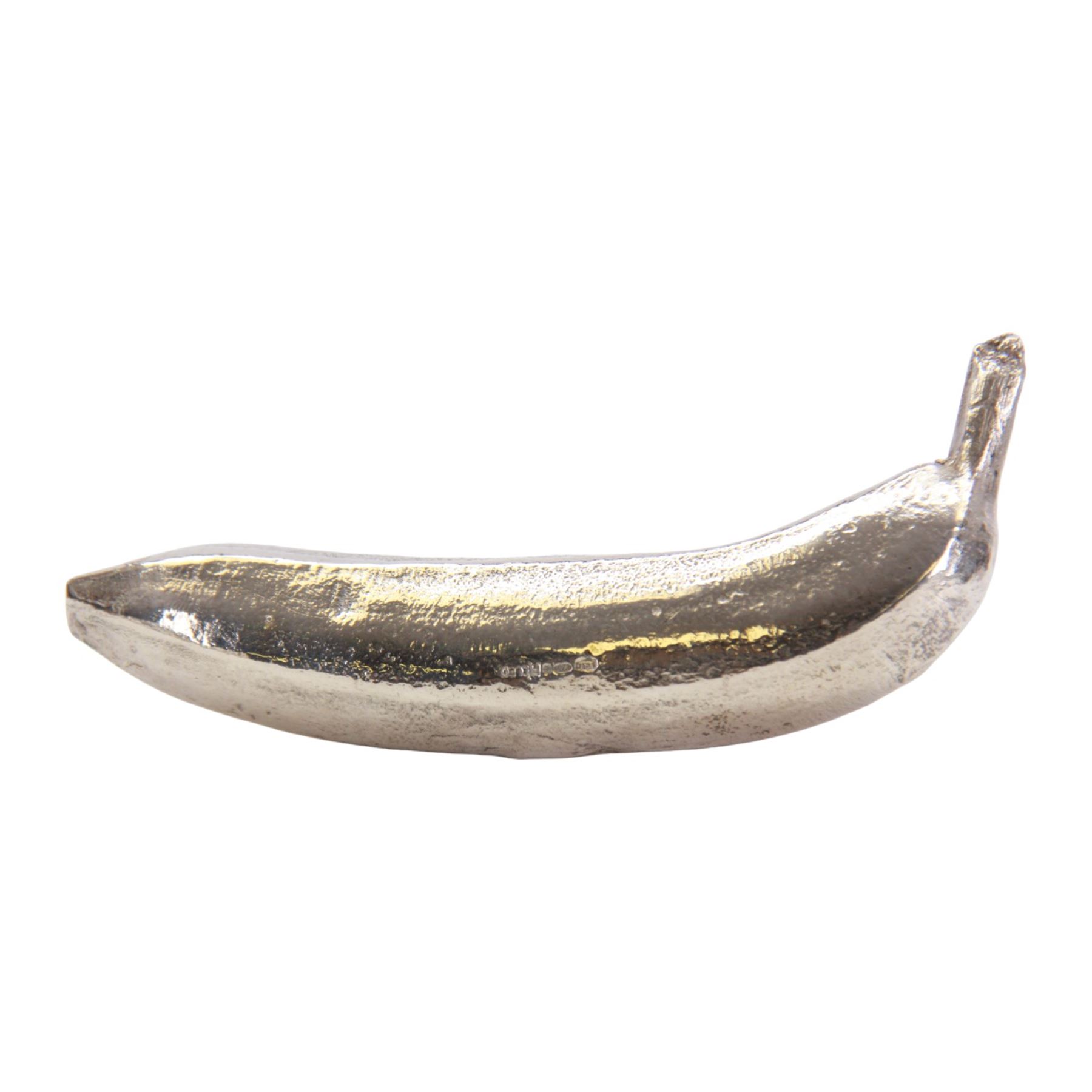 Two modern silver novelty filled models of fruit, the first example modelled as a segment of melon, L16cm, the second as a banana, L14.5cm, each hallmarked John Bull Ltd, Birmingham, no visible date letter, also stamped filled