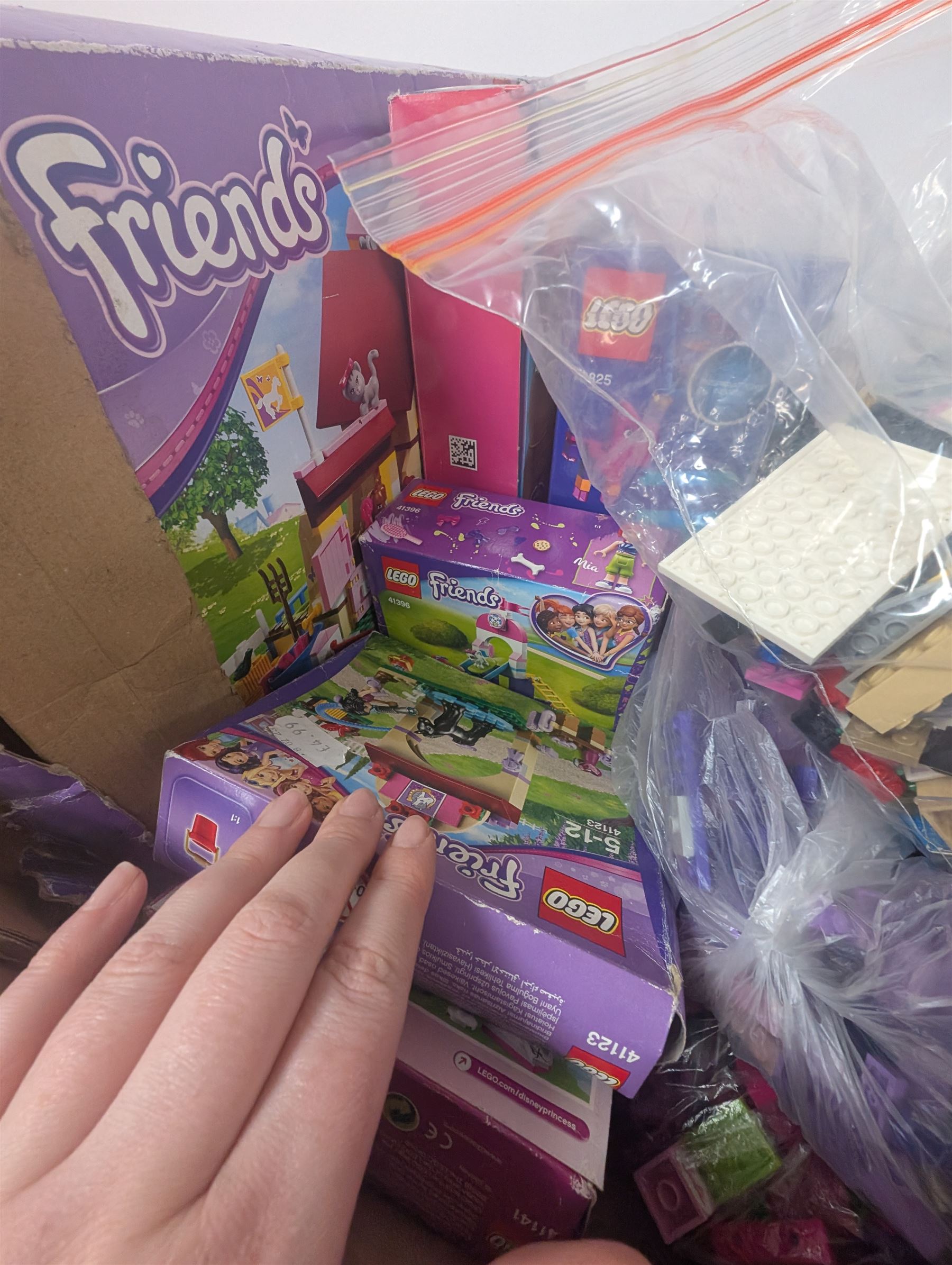 Lego Friends no. 3189 Stables set, Lego Trolls no. 41252 World Tour set, The Lego Movie set no. 70825, three small Lego Friends sets, all boxed and a quantity of loose Lego, including purple and pink colourways