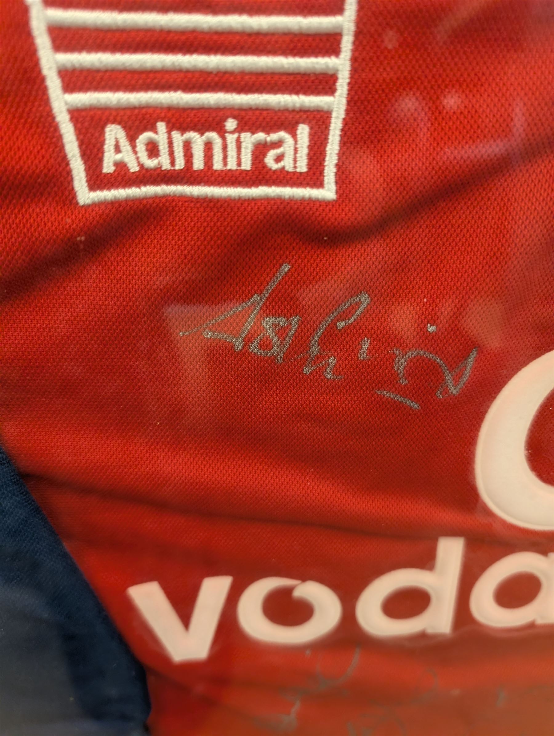 Cricket memorabilia: signed cricket bat from John Childs Benefit year 1994, and two framed England cricket shirts both with signatures, largest frame H95cm