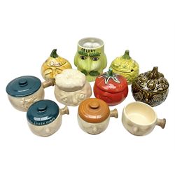 Collection of mostly Sylvac kitchen storage jar face pots, including piccalilli, chutney, tomato and bread sauce, tallest H15.5cm