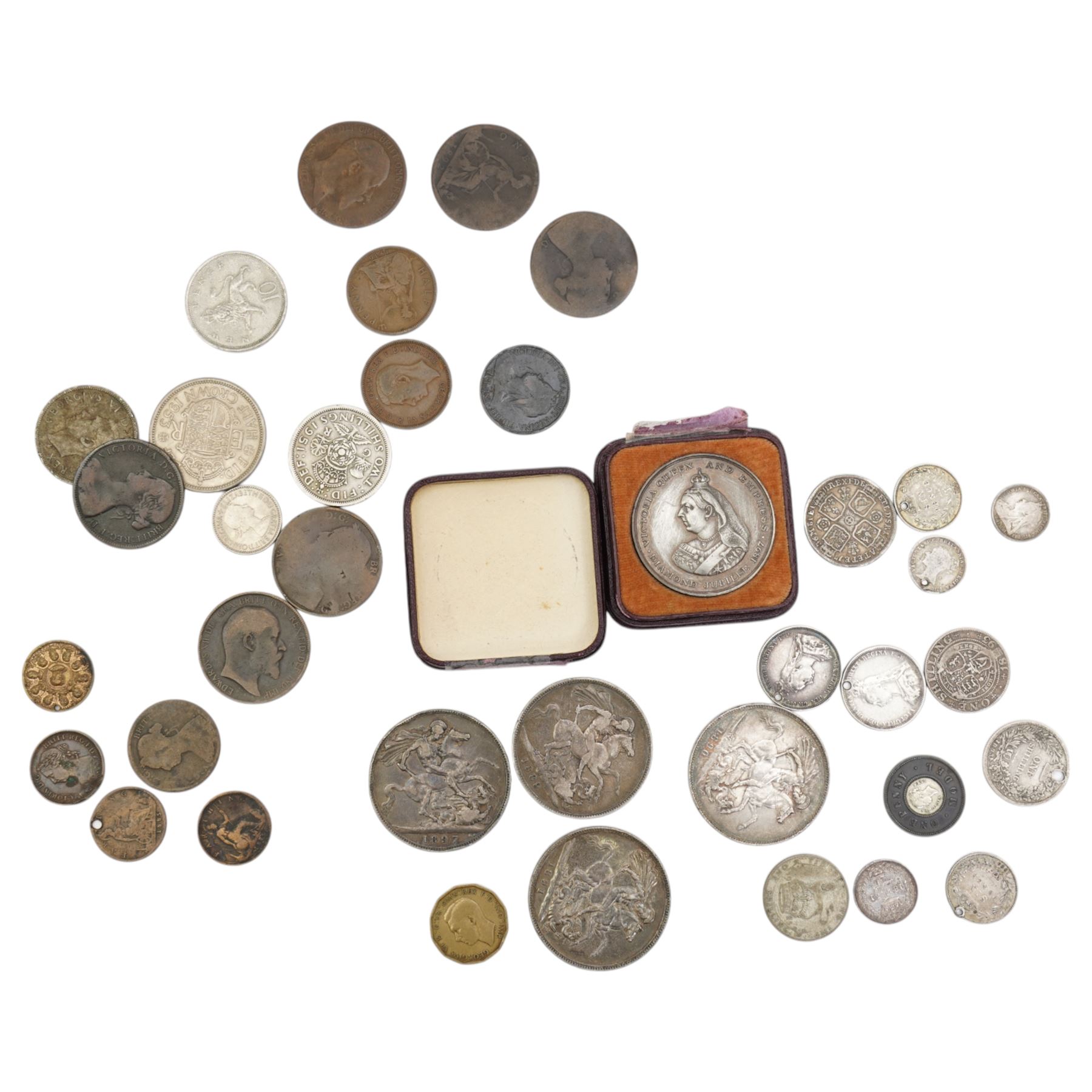 Four Queen Victoria silver crown coins, 1889, 1890, 1891, and 1897, Queen Victoria One Penny Model, George II 1736 silver shilling, George IIII 1831 fourpence, approximately 30 grams of further pre-1920 silver coins, Victoria Queen and Empress diamond jubilee medal, and further pre-decimal coins