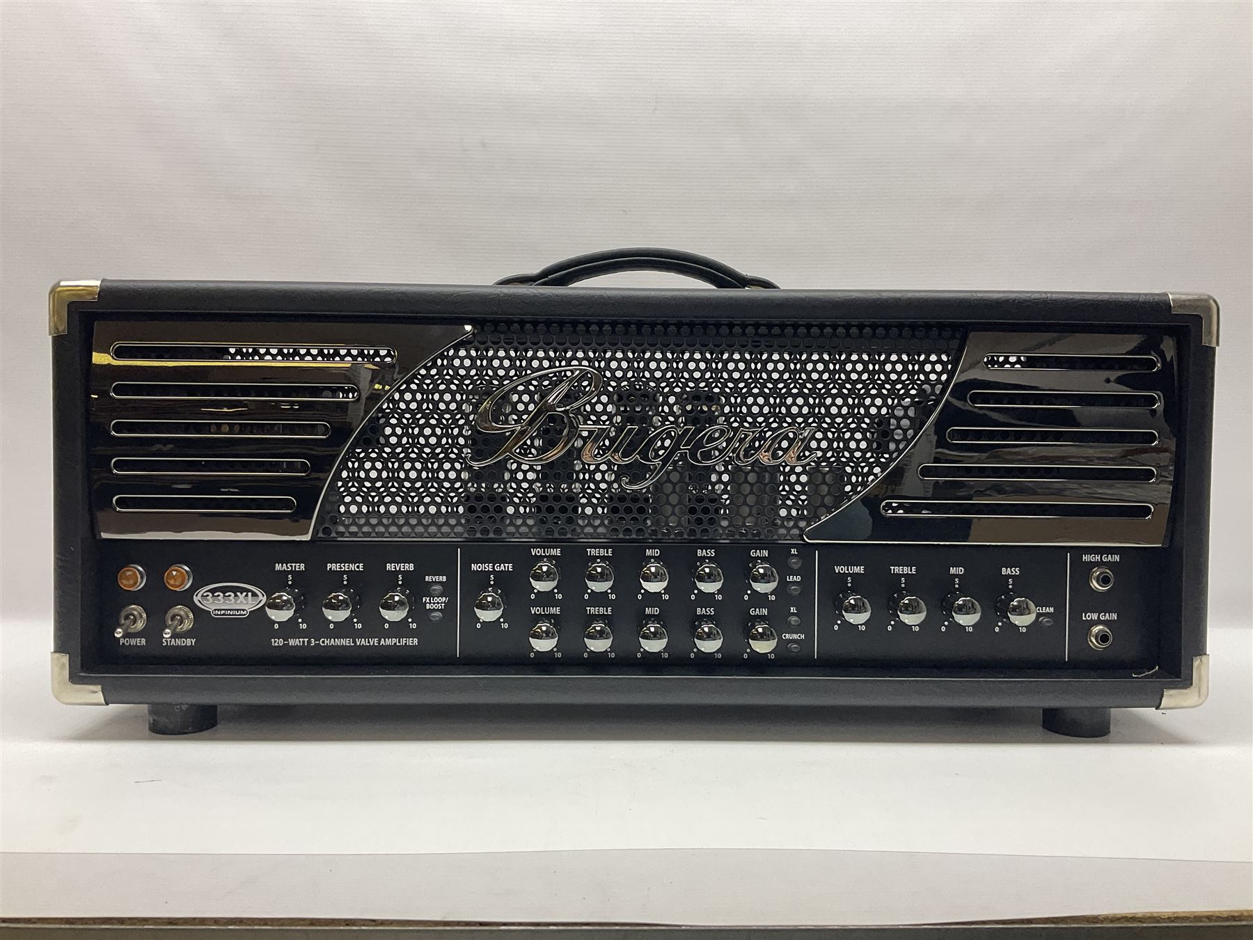 As new Bugera 333XL Infinium Hardcore 120-watt 3-channel tube amplifier head with reverb and Infinium tube life multiplier; date code 1507; number S1500576AAC L69cm; boxed with foot controller, power cable and paperwork