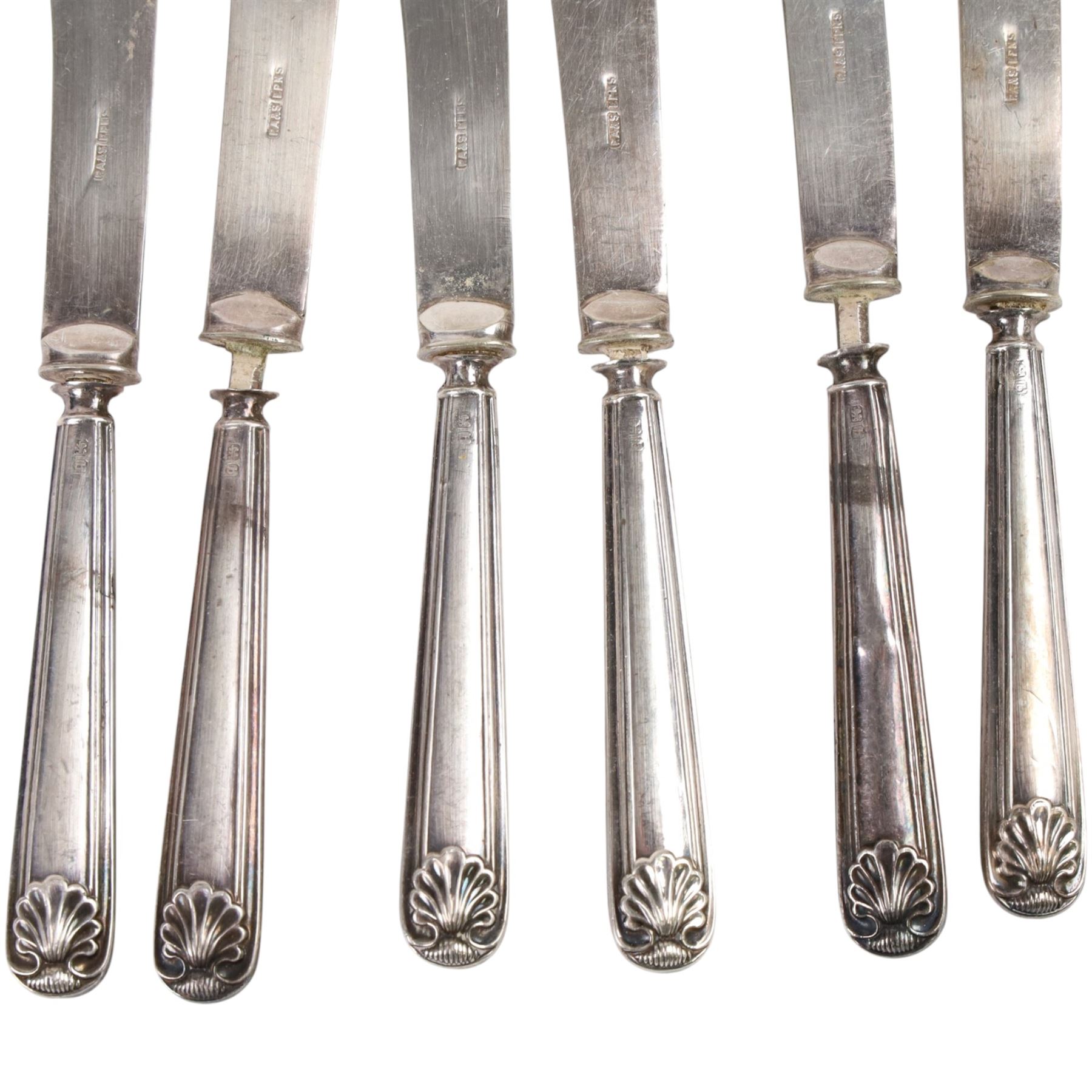 Silver mounted dressing table mirror, together with six silver handled knives, all hallmarked 